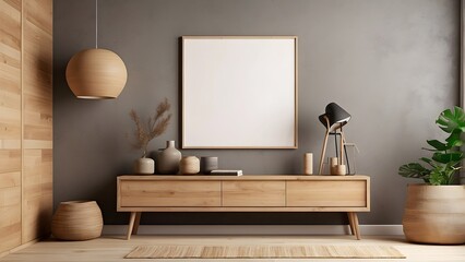 Mockup poster blank frame design, minimalist  wall art mockup with drawer interior design, off-white color theme home decor poster mockup