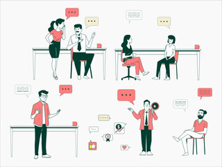 Vector Illustration of Business People Talking in the Office with Speech Bubbles. business people set