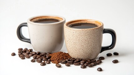 Obraz premium Two Cups of Coffee with Beans and Grounds