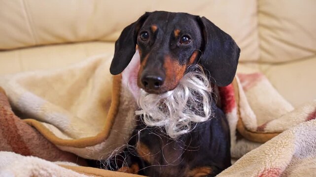 An old gray-haired, tired dachshund dog lies on bed, carefully covered with a blanket, looking around indifferently Age-related changes in a pet, weakness, deterioration of health, veterinary check-up