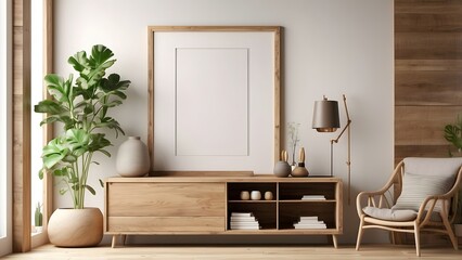 Mockup poster blank frame design, minimalist  wall art mockup with drawer interior design, off-white color theme home decor poster mockup