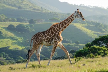 Graceful giraffe roaming on a green meadow with a majestic mountain backdrop in the distance