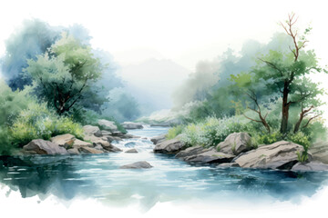 Serene watercolor river landscape