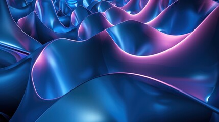 Abstract blue and pink iridescent chrome metallic wave pattern background. Digital 3D illustration.