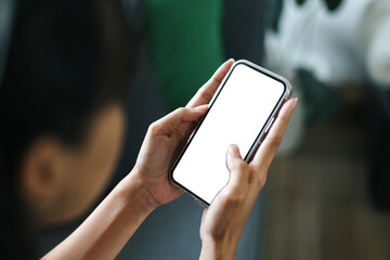 Female Hands Using Smartphone With Blank White Screen For Mockup