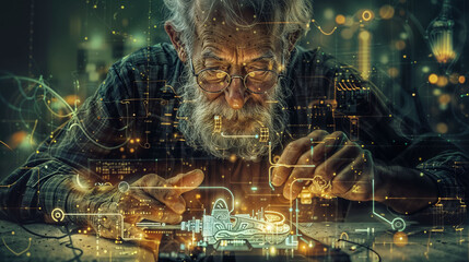 Elderly man with long beard examining holographic interface. Futuristic technology projected from device. Intricate digital patterns surround wizened face. Blend of wisdom and innovation.