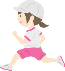 運動会で走る、赤白帽をかぶった、女の子のイラスト