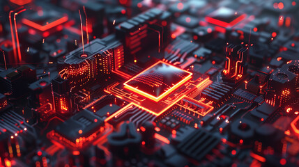 Glowing red microchip on circuit board. Futuristic technology concept with illuminated pathways and connections. Digital network visualization in dark environment.