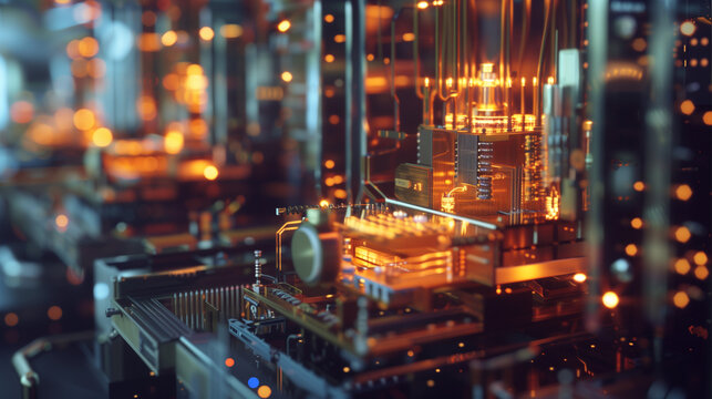 Futuristic quantum computer circuit with glowing components. Intricate microchip architecture illuminated by warm light. High-tech electronic hardware in cyberpunk 