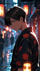 Obraz premium anime boy in black yukata portrait character cartoon manga design illustration art 155