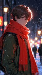 Obraz premium anime boy in winter red scarf portrait character cartoon manga design illustration art 279