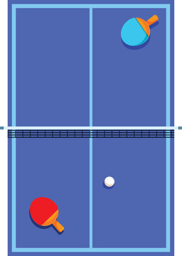 Blue ping pong table tennis court is displaying paddles and ball lying on top