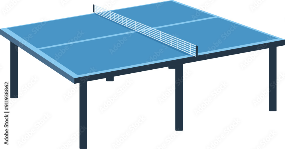 Poster blue ping pong table with a net is standing on a white background, ready for a game