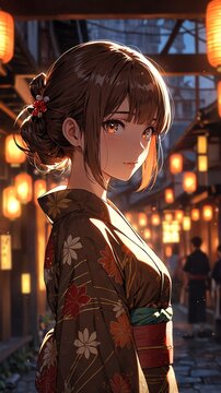 anime girl in brown yukata portrait character cartoon manga design illustration art 335