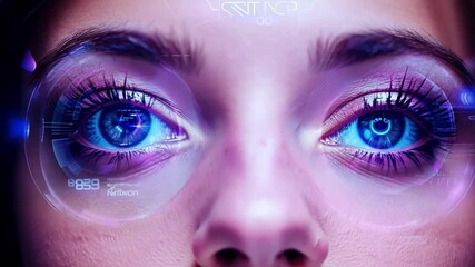 A captivating close-up showcases a woman's striking blue eyes highlighted by intricate patterns in her iris.