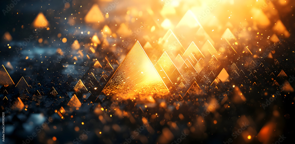 Poster a captivating scene featuring glowing pyramids amidst a sparkling landscape, creating an ethereal an