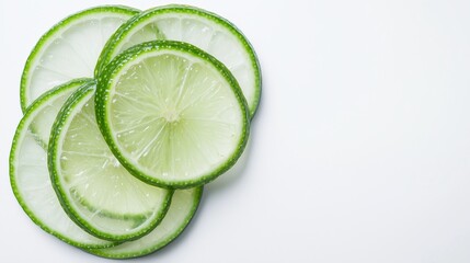 Thin slices of lemon on a white surface. Freshly sliced ​​lemons with a vibrant color and texture on a white background.