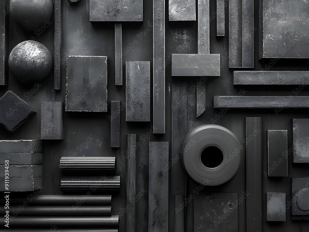 Poster a collection of various black geometric shapes and forms arranged artistically on a textured surface