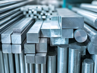 A close-up view of various metal rods and bars arranged neatly, showcasing different shapes and sizes for industrial use.