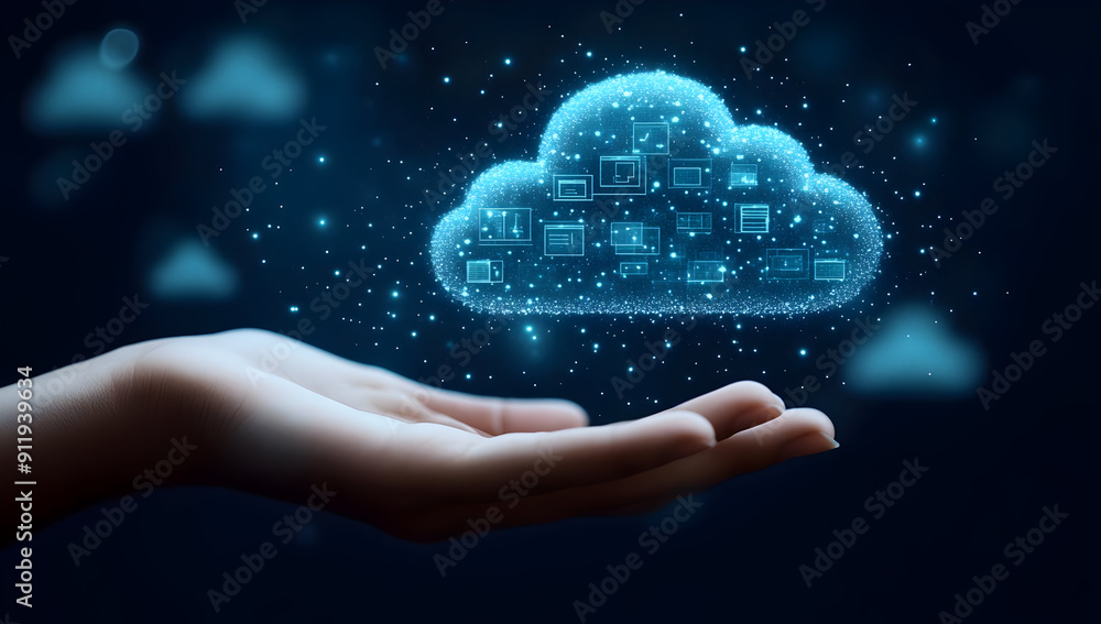 Poster a digital hand holding a glowing cloud symbolizing cloud computing with data icons, perfect for tech
