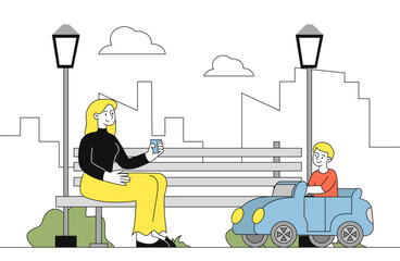 Boy rides car. Mother sits on bench and looks at her son on childrens transport. Fun and entertainment outdoors. Driver child in par. Linear vector illustration