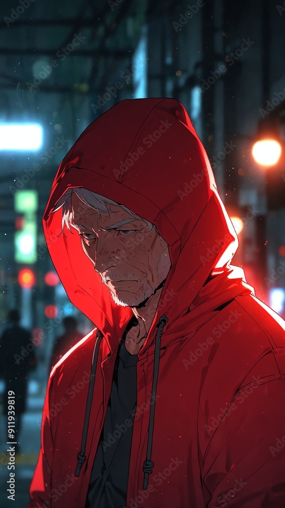 Wall mural anime grandfather in red hoodie portrait character cartoon manga design illustration art 524