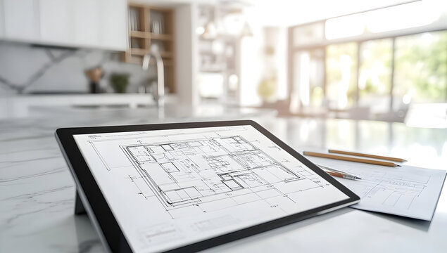 A modern tablet displaying architectural plans on a stylish kitchen countertop. Ideal for design and construction themes.