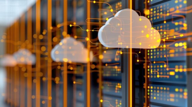 Cloud Computing Power: Abstract cloud icons float in front of a server rack, symbolizing the powerful and scalable nature of cloud computing. An image of innovation, efficiency, and the future of data