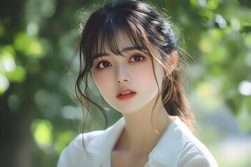 Fototapeta premium A serene portrait of a young woman surrounded by lush greenery, showcasing natural beauty and soft light.