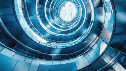 Naklejka premium Spiral staircase inside a modern cylindrical building with glass floors