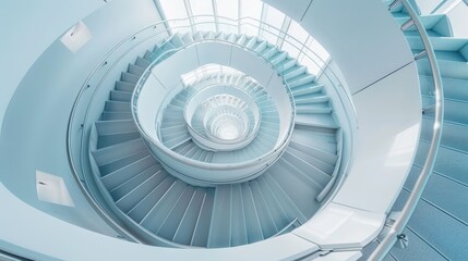 Fototapeta premium Spiral staircase inside a modern cylindrical building with glass floors