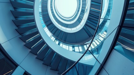 Spiral staircase inside a modern cylindrical building with glass floors