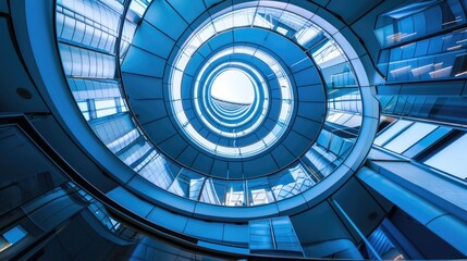 Fototapeta premium Spiral staircase inside a modern cylindrical building with glass floors