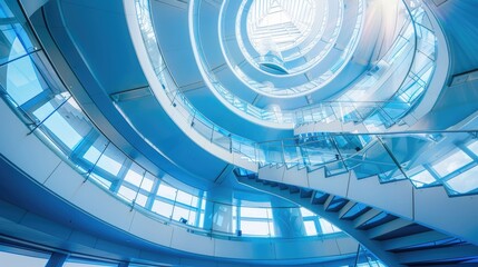 Spiral staircase inside a modern cylindrical building with glass floors