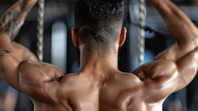 Muscular Strength: A rear view of a determined man working out with a cable machine, showcasing his well-defined back muscles and a commitment to fitness.  