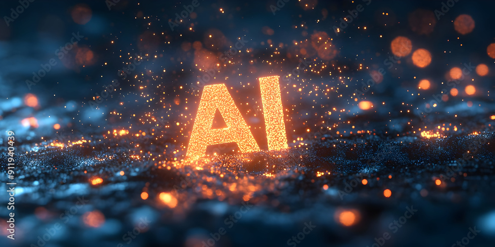 Poster a stunning visual representation of ai technology, showcasing glowing letters amidst a dynamic backd