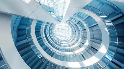 Naklejka premium Spiral staircase inside a modern cylindrical building with glass floors