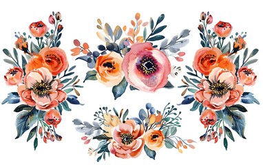 Fototapeta premium Watercolor bouquets of flowers and leaves.