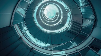 Naklejka premium Spiral staircase inside a modern cylindrical building with glass floors