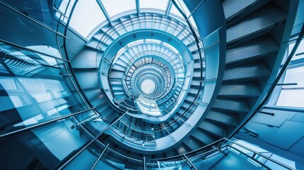 Spiral staircase inside a modern cylindrical building with glass floors