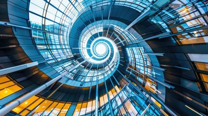 Spiral staircase inside a modern cylindrical building with glass floors