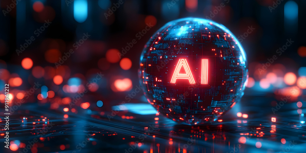 Poster futuristic ai technology represented by a glowing sphere surrounded by vibrant lights and digital ci
