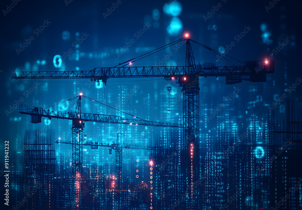 Poster futuristic construction scene with cranes and digital elements, showcasing innovation in architectur