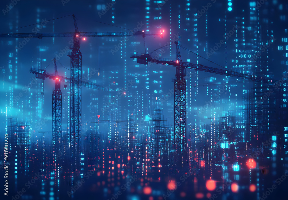 Poster futuristic construction site with digital elements, combining technology and architecture in an urba