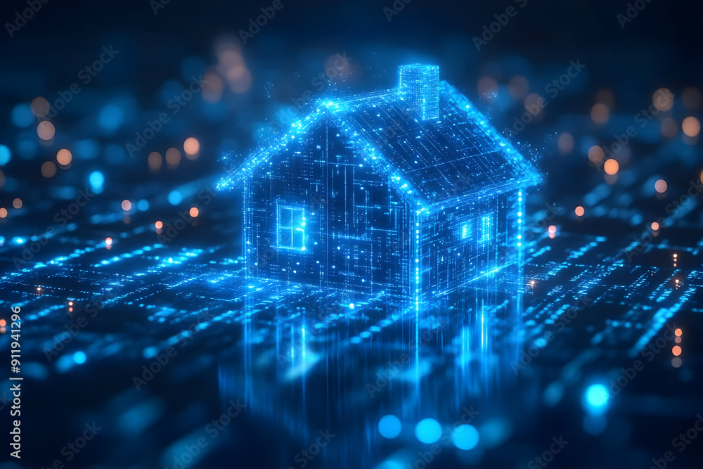 Poster futuristic digital house with glowing data streams, representing technology and innovation in modern