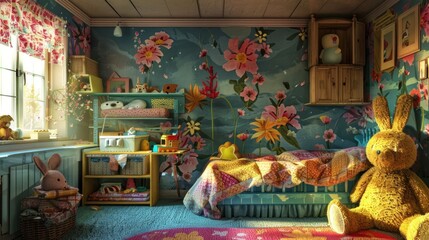 Cozy and whimsical bedroom with a floral wallpaper and stuffed animals.