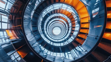 Spiral staircase inside a modern cylindrical building with glass floors
