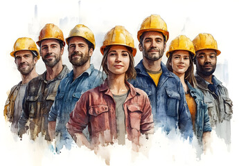 Group of diverse construction workers in helmets, showcasing teamwork and professionalism in a construction site environment.