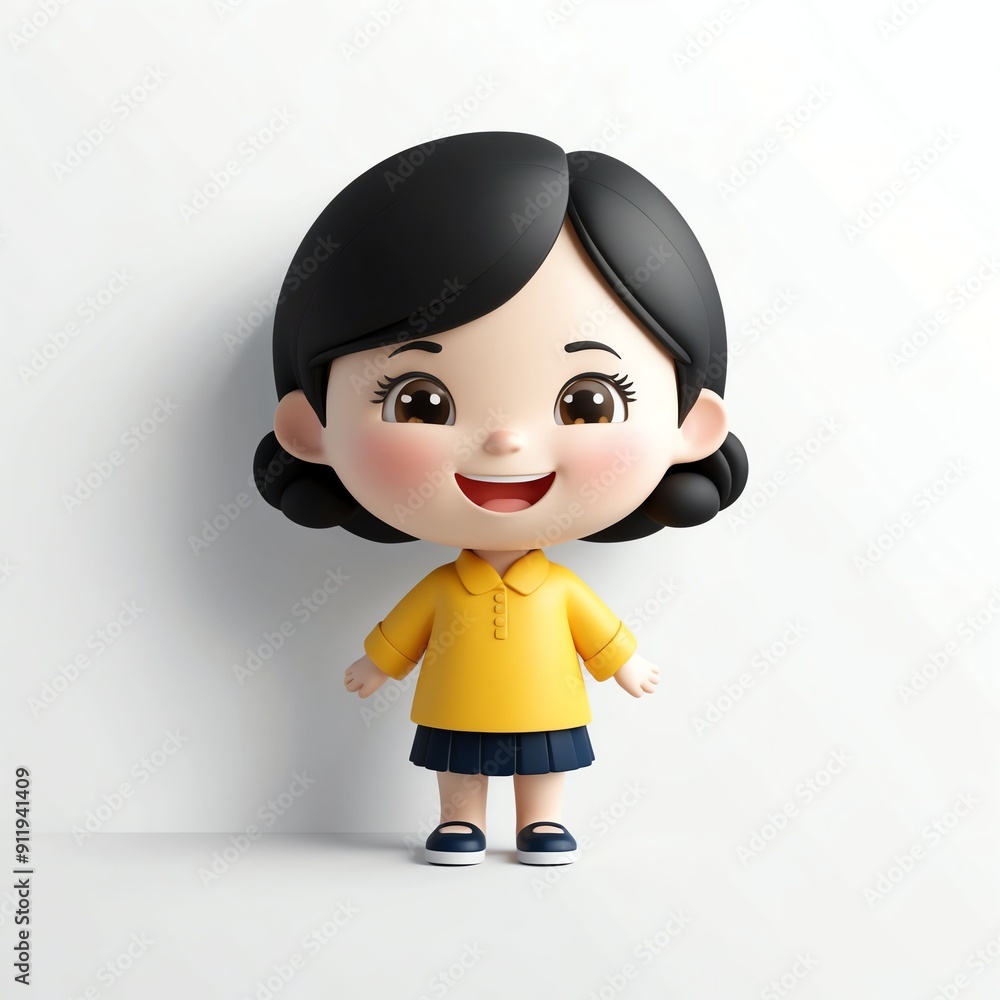 Wall mural smiling cute asian girl 3d cartoon character on plain white background 18