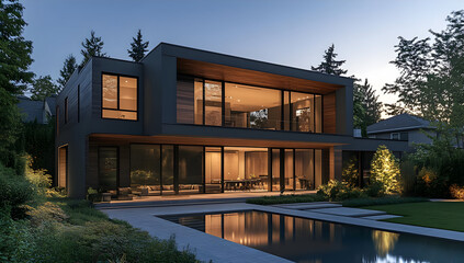 Fototapeta premium Modern house exterior at twilight, showcasing sleek architecture, large windows, and serene outdoor setting with pool.